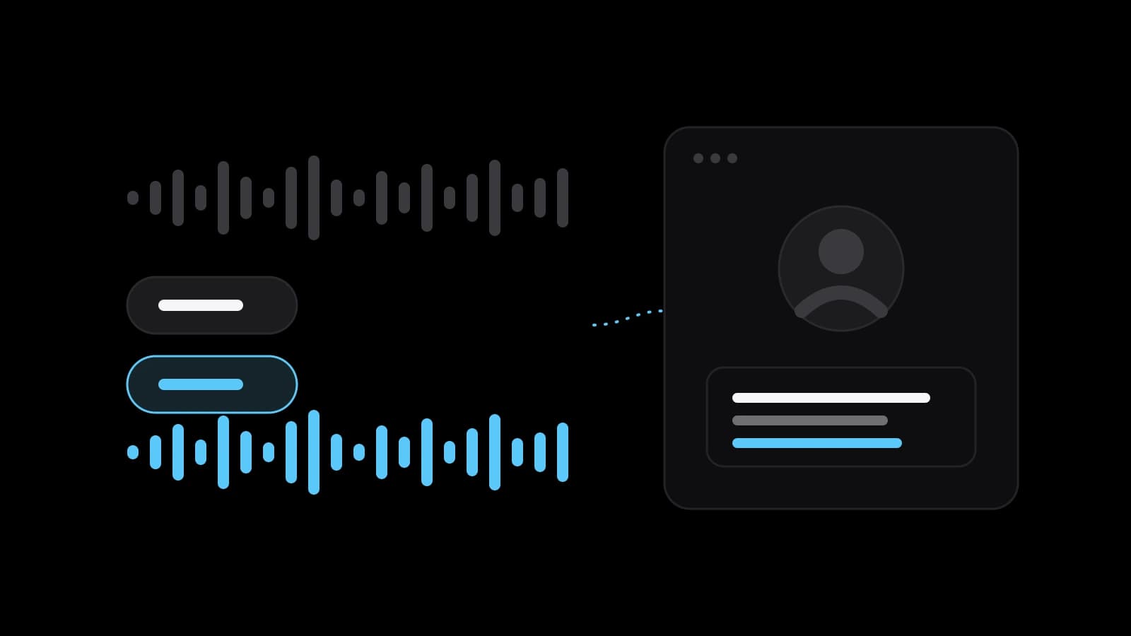 Drawing: two voice waveforms for two languages and a speaker card with subtitles