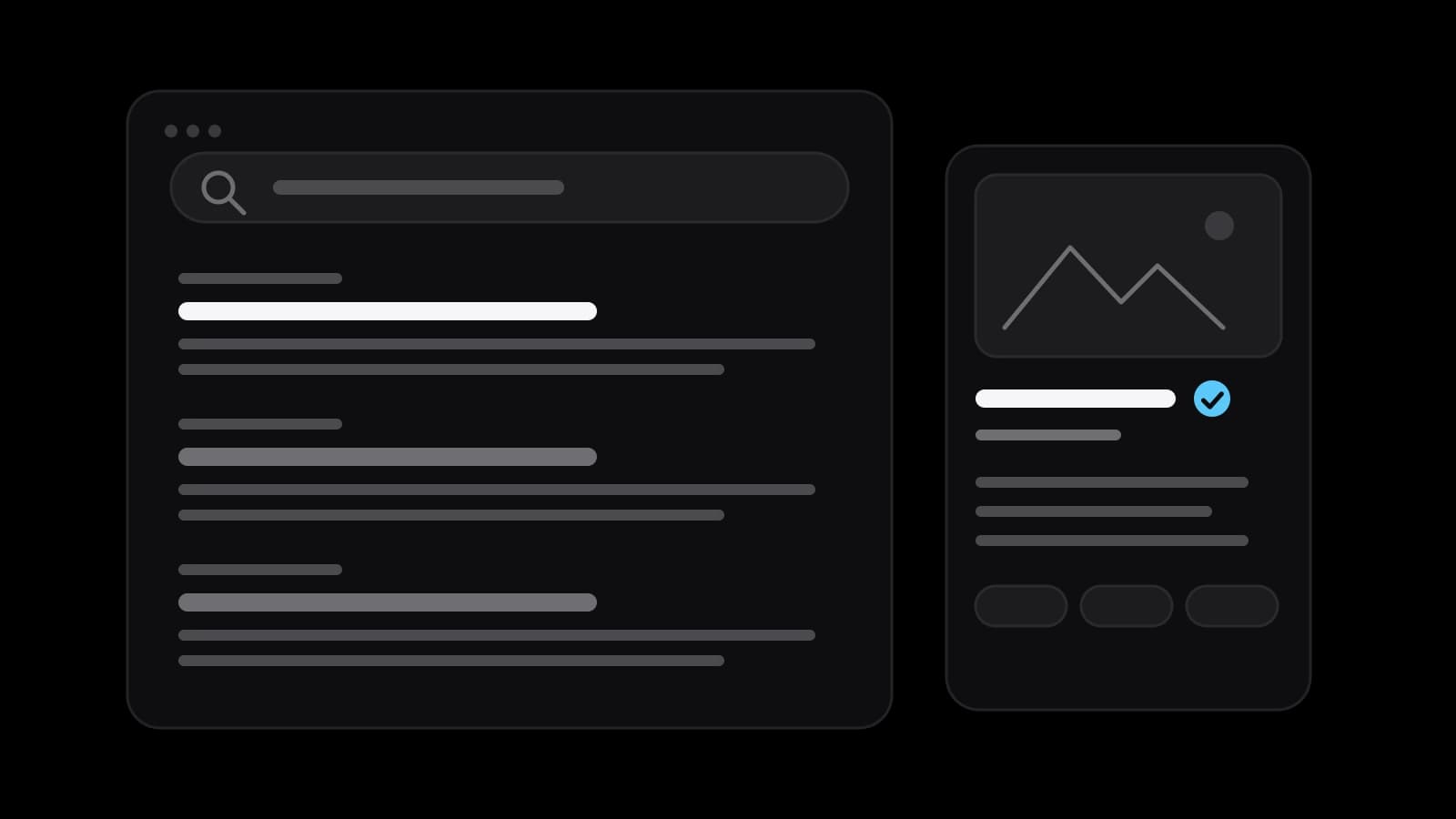 Drawing: a search results page with a side panel card marked as verified