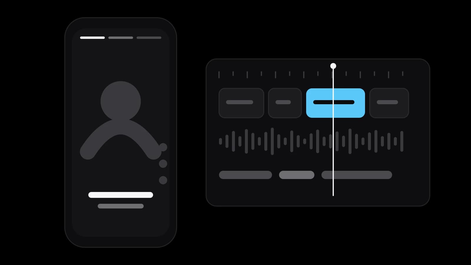 Drawing: a vertical phone video next to an editing timeline with a waveform