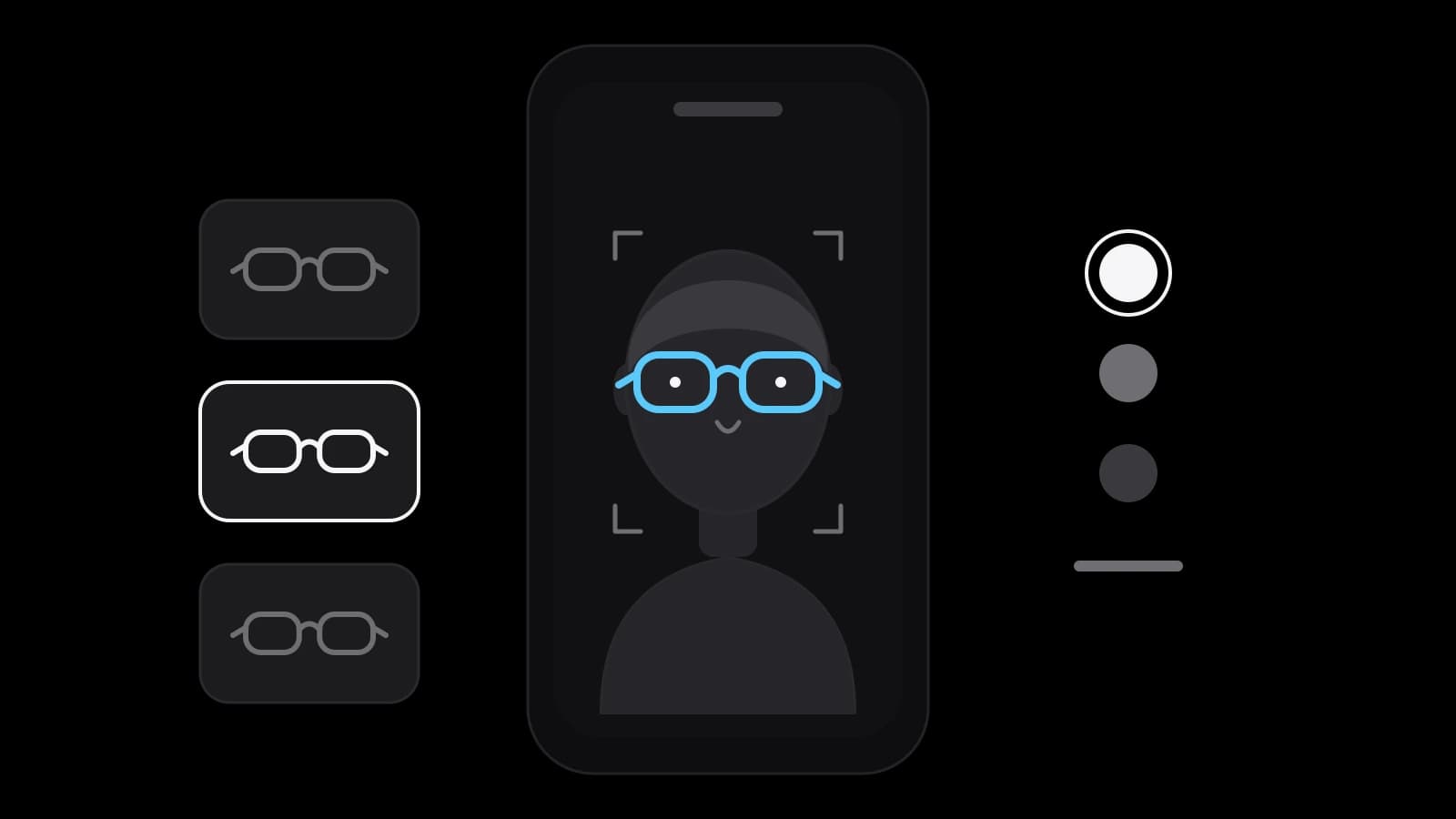 Drawing: a phone screen with glasses over a face outline and three frame options