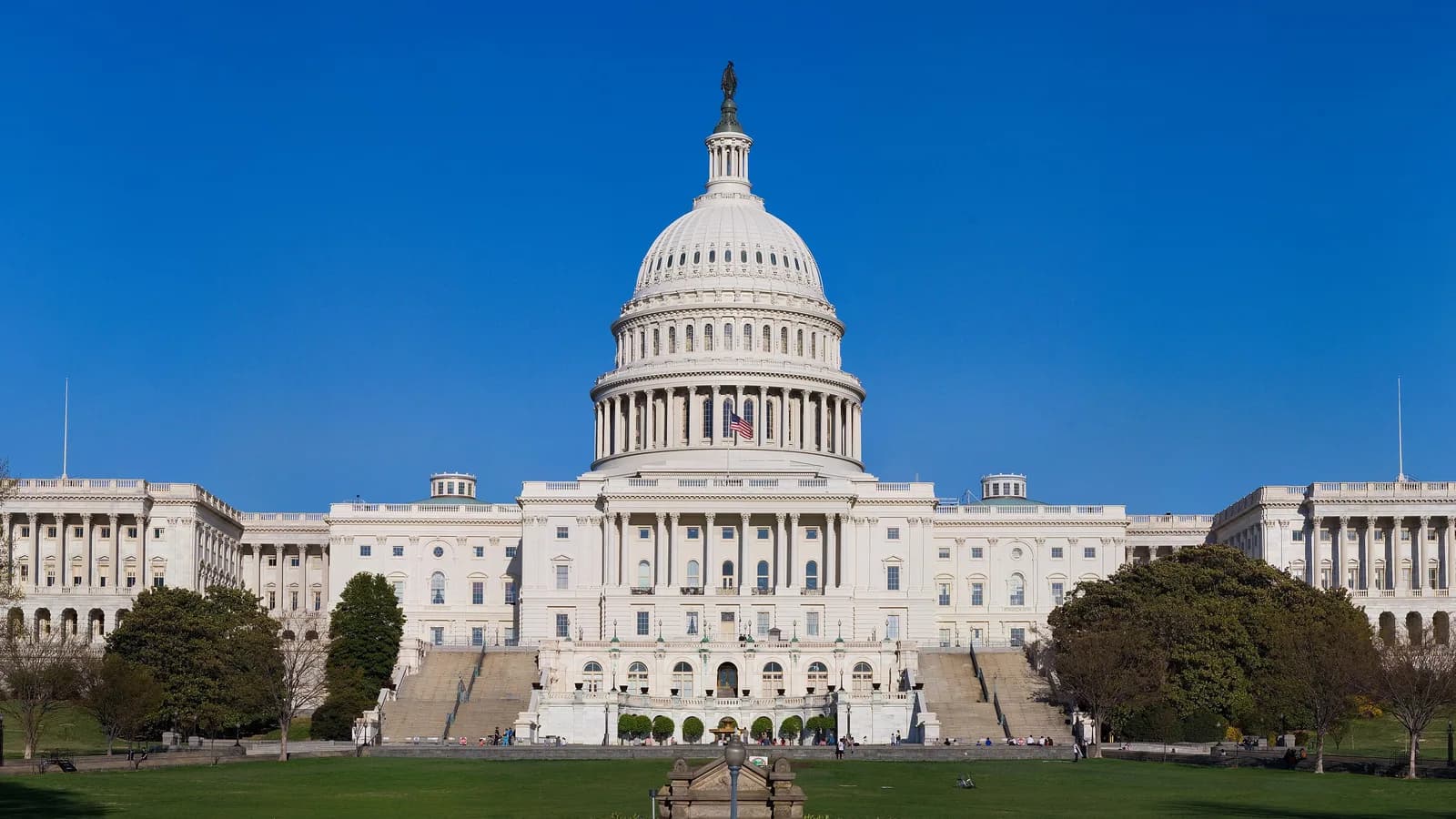 The west front of the United States Capitol in Washington, seat of Congress, with its dome against a deep blue sky; photo from Wikimedia Commons