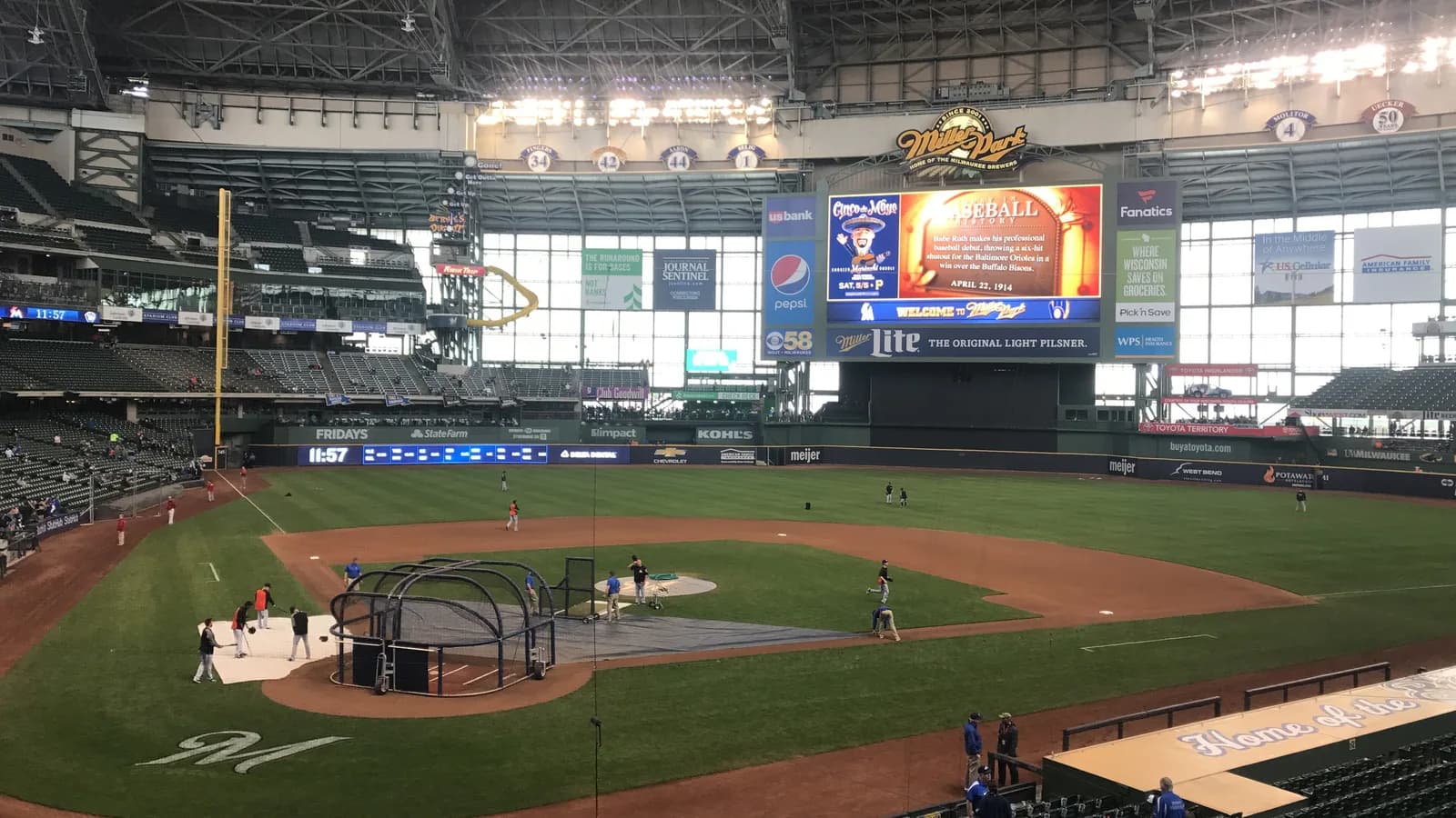 The Milwaukee Brewers' ballpark from the stands during batting practice before a 2018 game, when it was still called Miller Park; photo from Wikimedia Commons