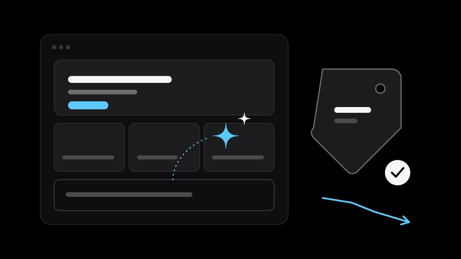 Drawn cover: a website draft in a dark browser window, a sky-blue sparkle sketching its layout, a price tag with a falling line and a check mark