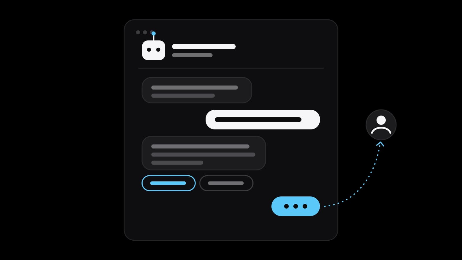 A drawn chat window on a black ground: a bot icon, grey and white message bubbles, two reply buttons and a sky-blue typing bubble with a dotted line to a person icon