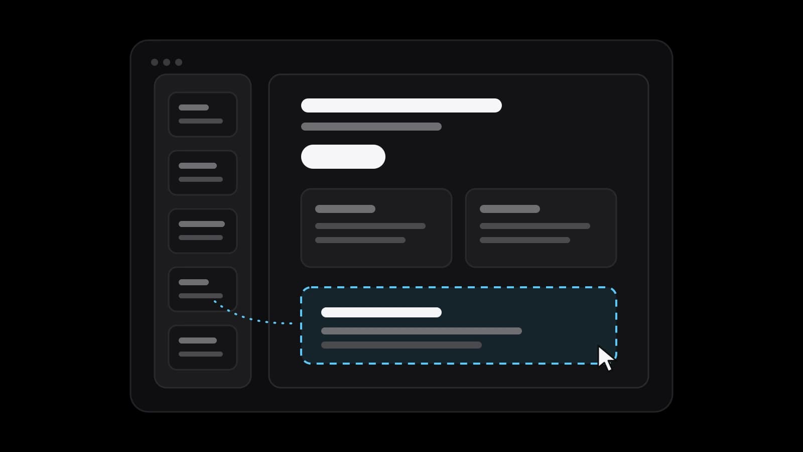 A drawn website builder on a black ground: a column of ready blocks on the left and a page on the right, where a pointer drops one block into a sky-blue dashed outline