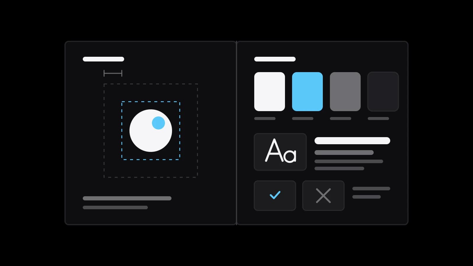 A drawn open book on a black ground: the left page shows a round logo inside dashed clear-space lines, the right page shows four colour swatches, a type sample and a do and don't pair
