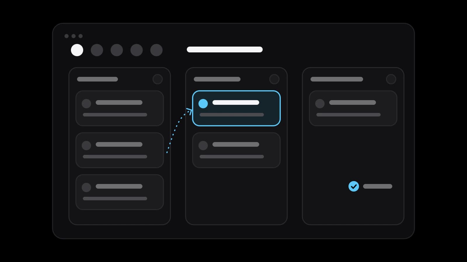 A drawn sales board on a black ground: three columns of deal cards, one card outlined in sky blue with a dotted arrow to the next column, and a row of contact circles above