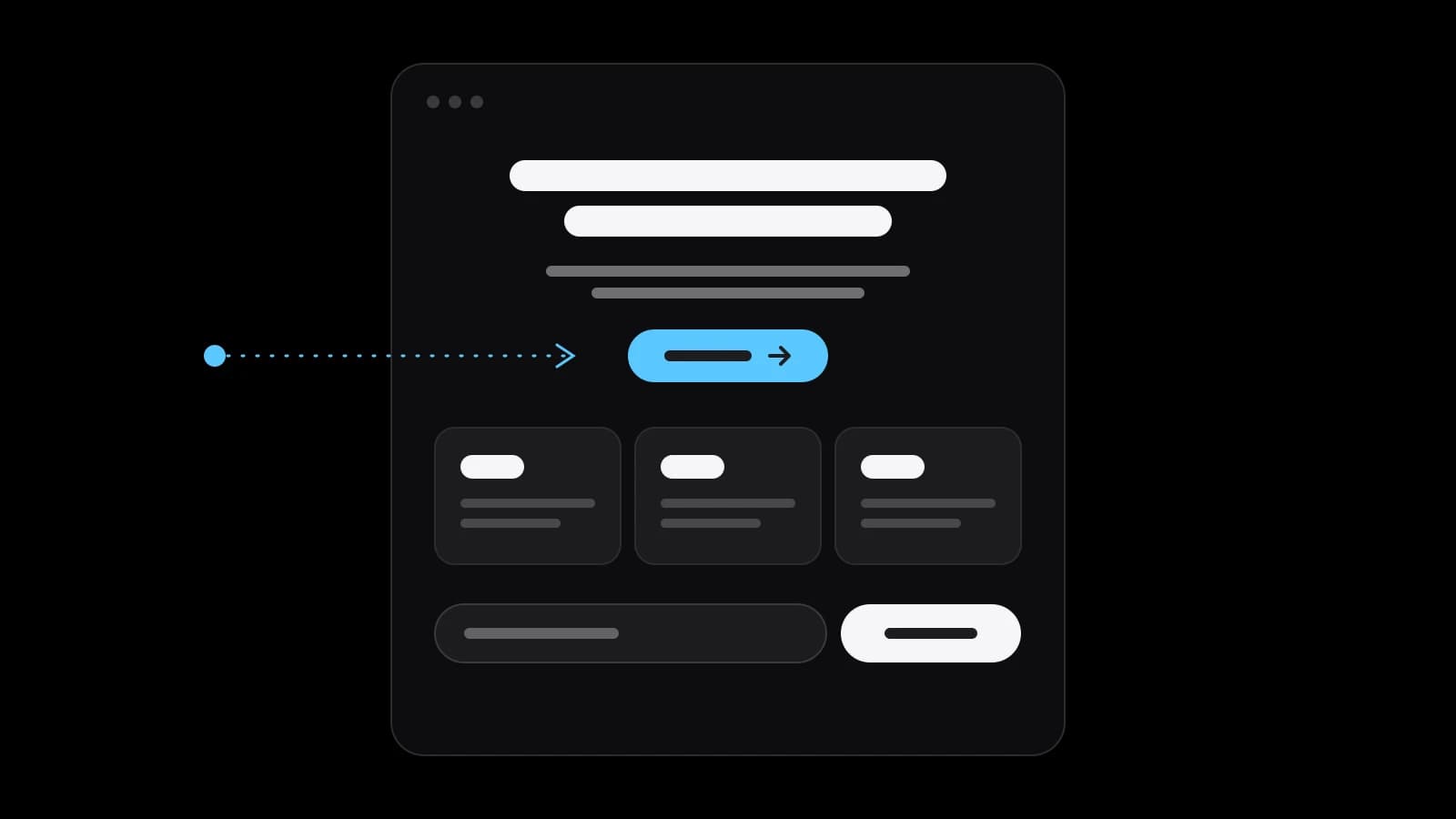 A drawn layout of a landing page on a black ground: a headline, two lines of text, one sky-blue button, three proof tiles and a short form