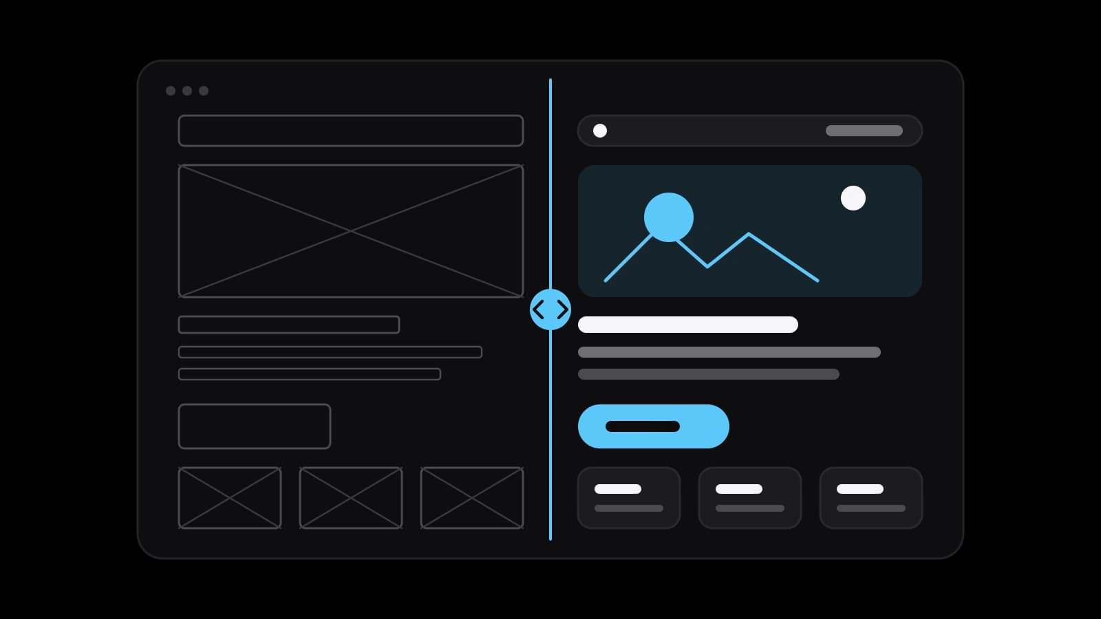 A drawn page split by a sky-blue divider on a black ground: the left half is a grey wireframe of empty boxes, the right half is the finished interface with a picture, text and a sky-blue button