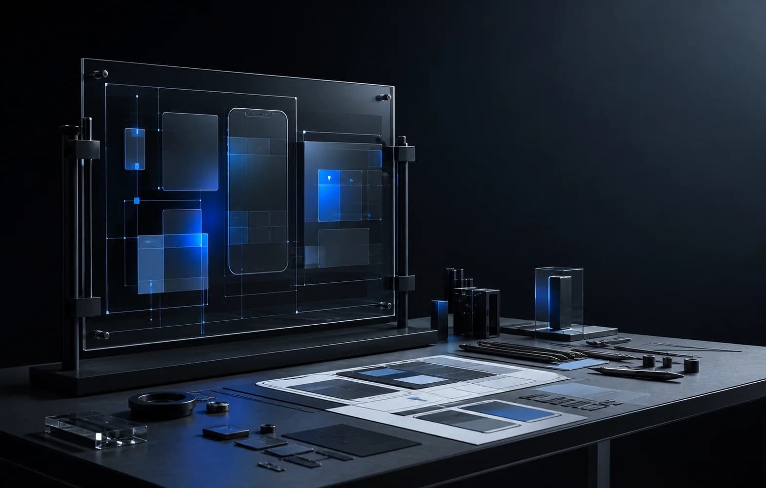 A dark studio: a glass panel in a metal frame holds a blue backlit wireframe of app screens, with glass blocks, tools and printed screen layouts laid out on the table in front of it