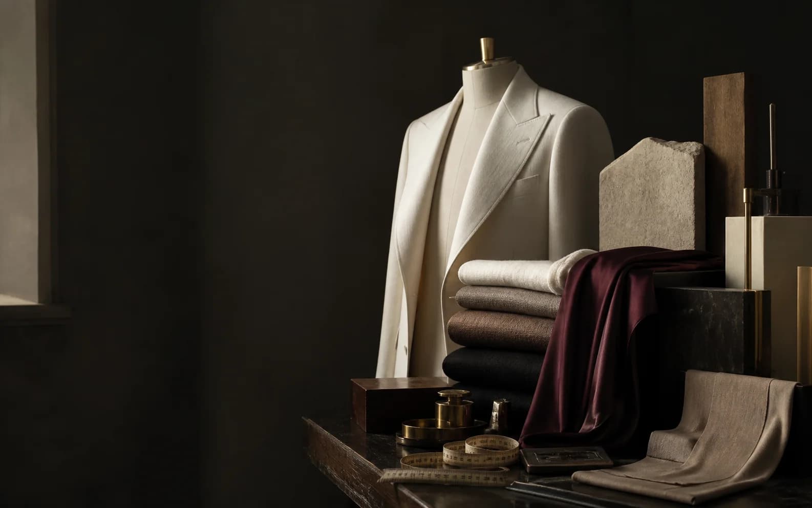 A mannequin in a cream jacket beside folded fabrics, burgundy silk and a tape measure on a dark table