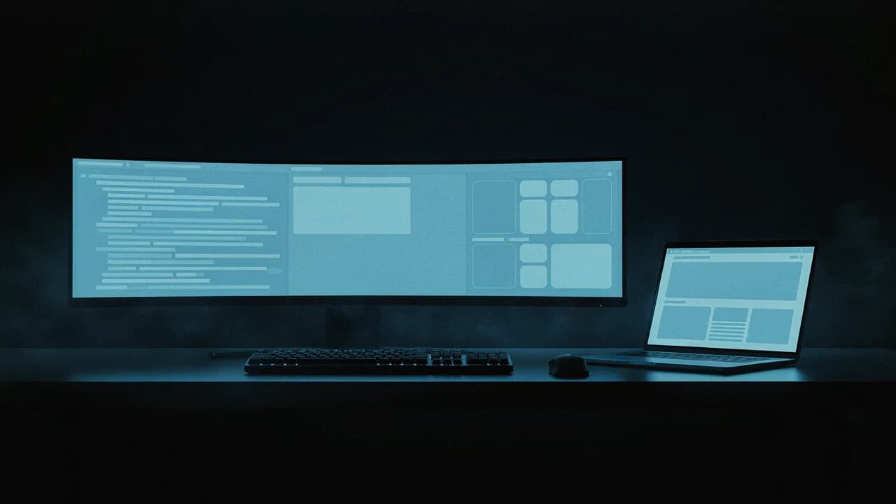 Un écran argenté VITON13 affichant quelques lignes de code au-dessus d’un clavier blanc, sur fond noir