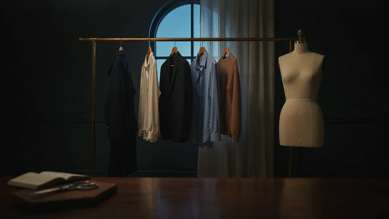 Un portant argenté VITON13 avec une chemise blanche, une veste grise et un manteau noir, sur fond noir
