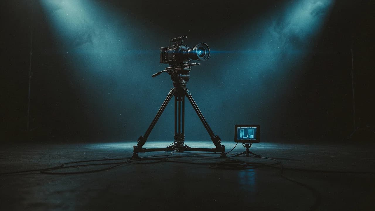 Une caméra VITON13 blanche avec un anneau bleu ciel autour de l’objectif sur un petit trépied noir