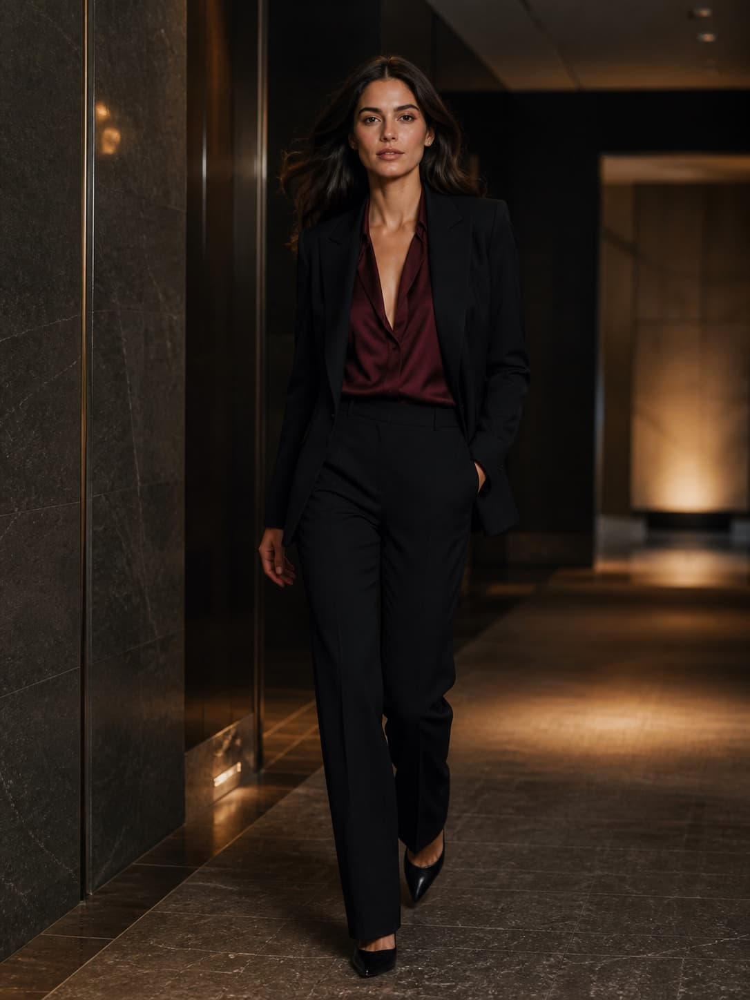 An evening look: a black suit with a burgundy silk shirt in the warm light of a lobby