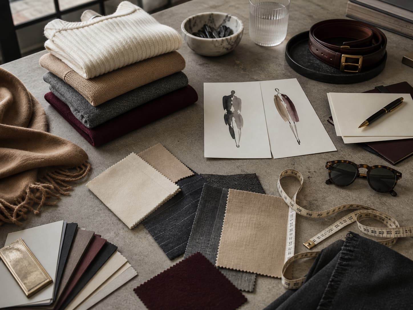 A wardrobe audit laid out: folded knitwear, a camel scarf, fabric swatches, watercolour look sketches and a tape measure on a concrete table