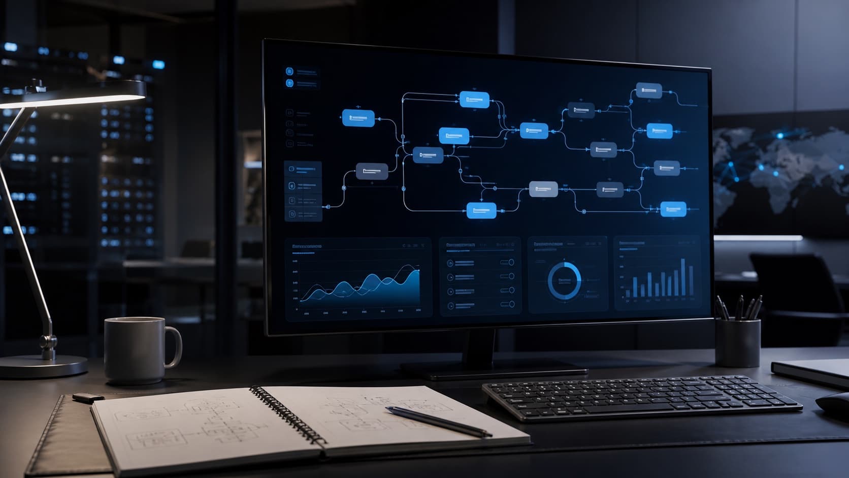 A dark office at night: a wide monitor showing a workflow diagram of connected nodes above four chart panels, a desk lamp, a mug and an open notebook with the same diagram sketched by hand