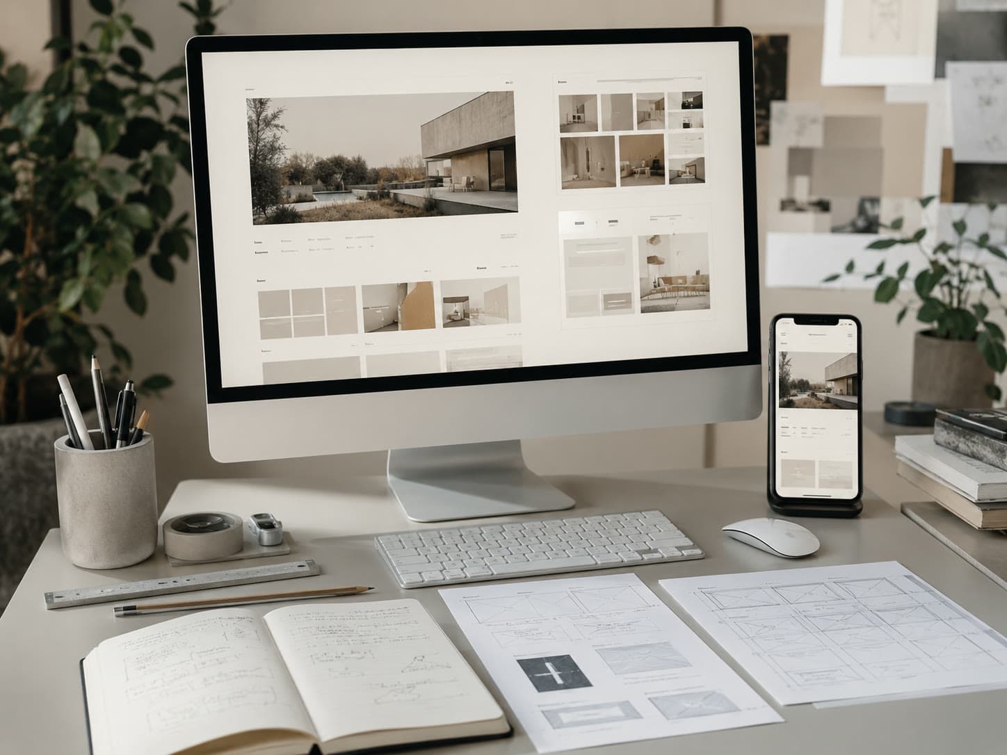 A monitor showing an architecture portfolio page beside a phone on a stand showing the same page in a mobile layout, with a handwritten notebook and printed page wireframes on the desk