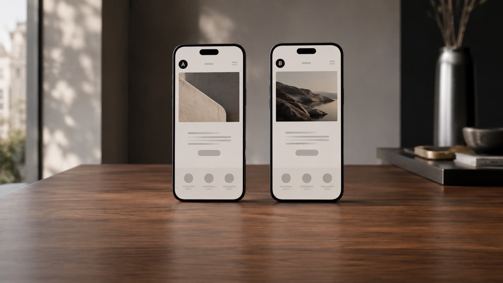 Two phones standing side by side on a wooden desk, labelled A and B, showing the same page layout with a different image in the top block