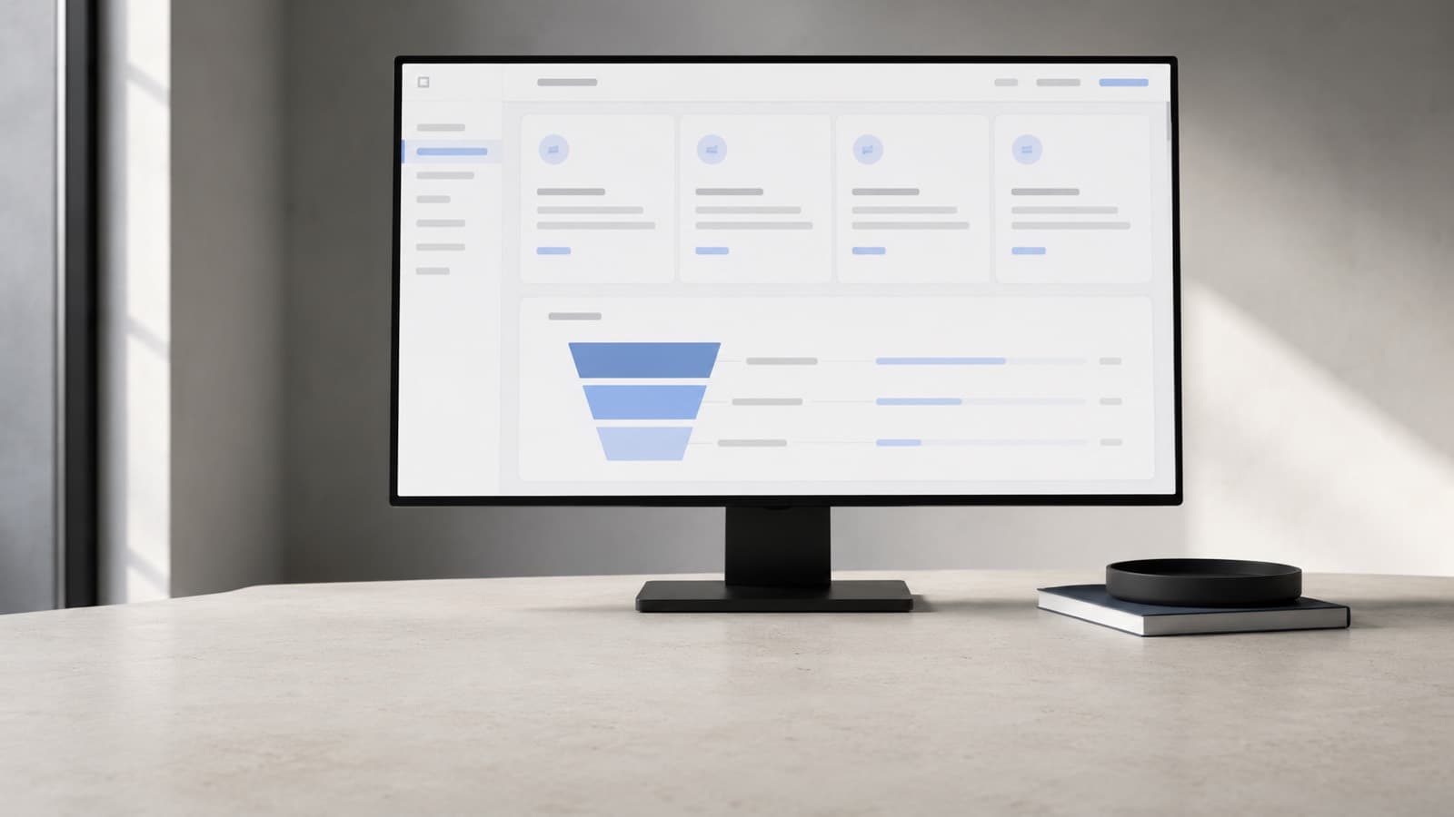 A monitor on a pale desk by a window showing a dashboard with four metric cards along the top and a blue funnel of three narrowing bands below them, a book and a round black dish to the right