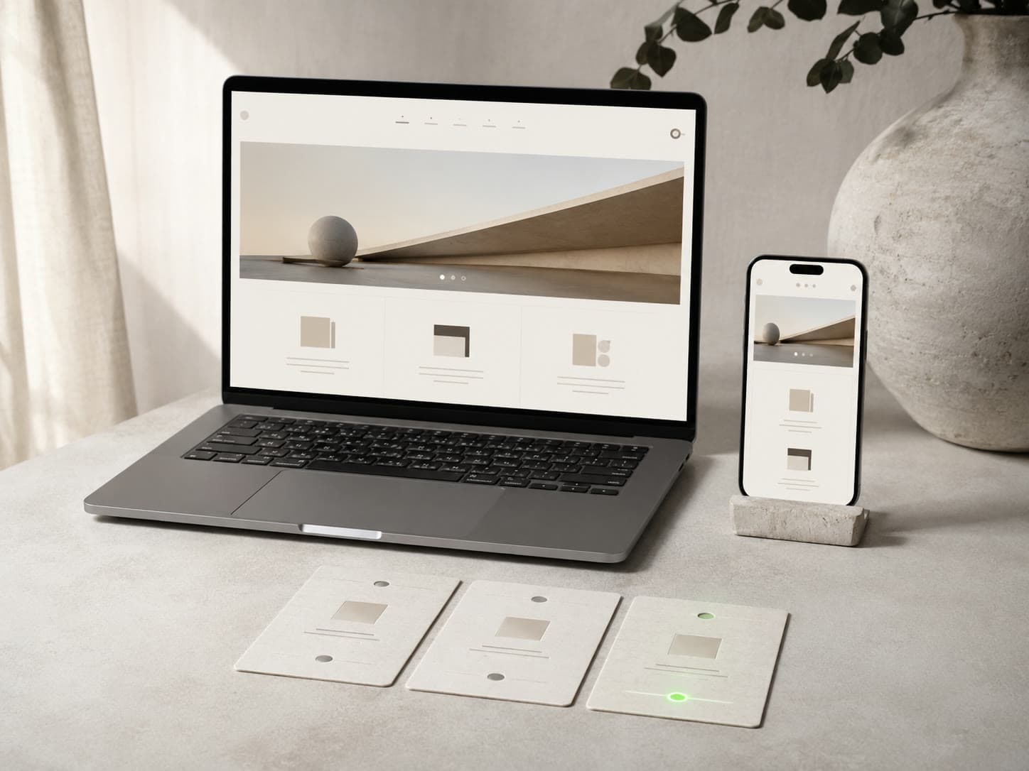 A laptop and a phone on a pale desk showing the same minimal landing page with a large image and three blocks beneath it, three pale cards laid out in front and a green indicator lit on the right one