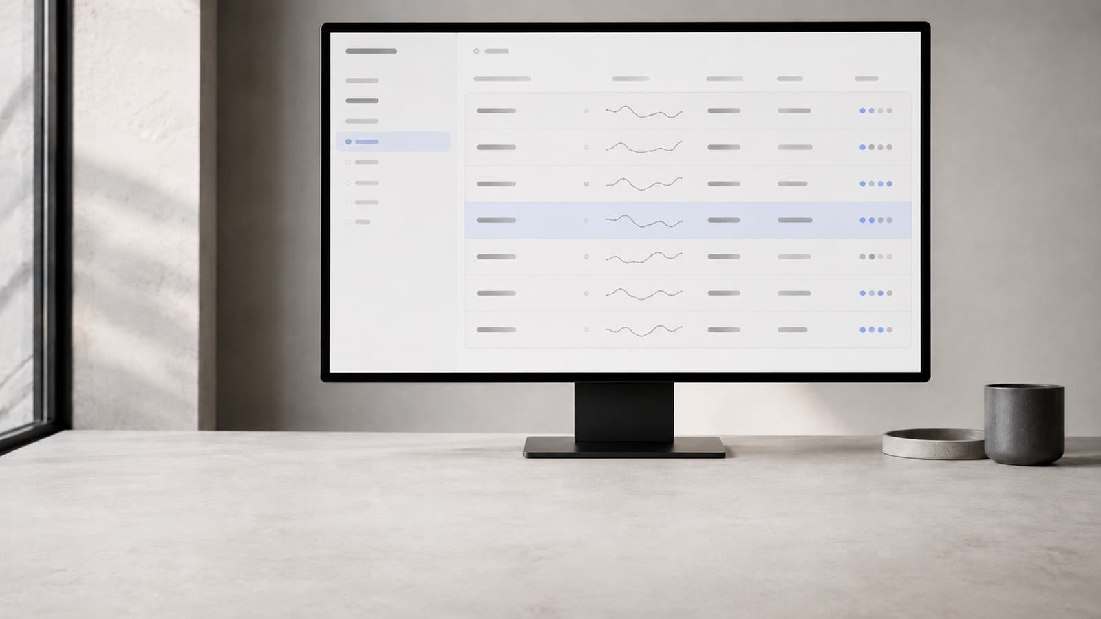 A monitor on a pale desk showing a table of seven rows, each with a label, a small wavy chart and a row of coloured dots, with one row highlighted in blue