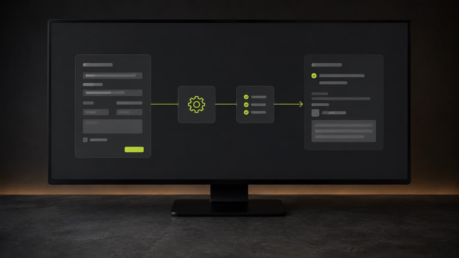 A dark monitor showing a flow: a form with a green button on the left, a gear and a checklist of green ticks in the middle, a completed record on the right, all joined by a green arrow