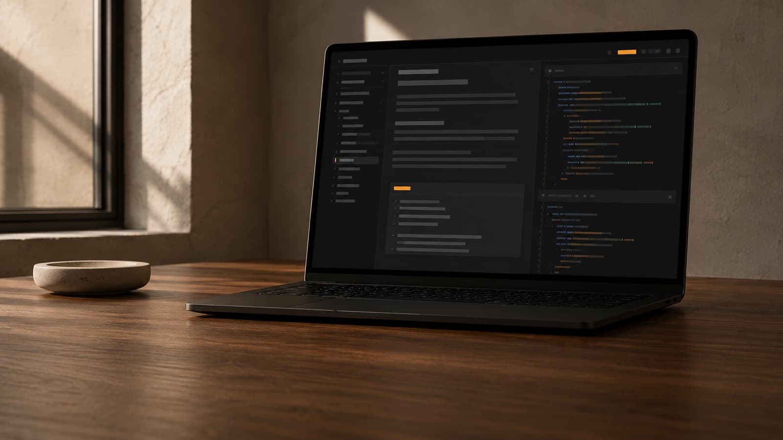 A laptop on a wooden table by a window: its dark screen shows a list of sections on the left, a column of text in the middle and a panel of highlighted code on the right, with a small stone bowl beside it