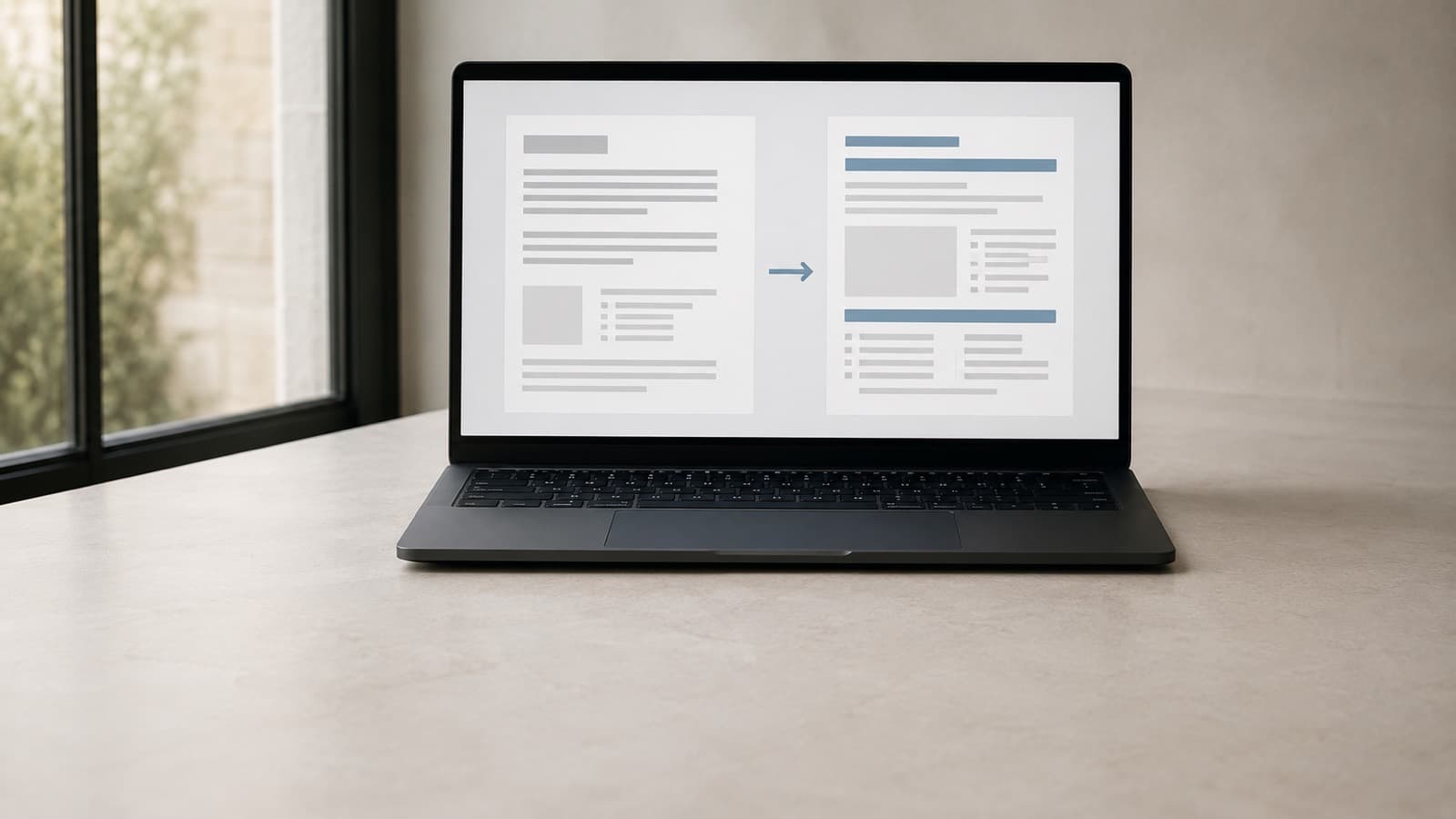 A laptop on a pale desk by a window: its screen shows two page layouts side by side, an arrow leading from a block of plain grey text on the left to a restructured version on the right with blue headings