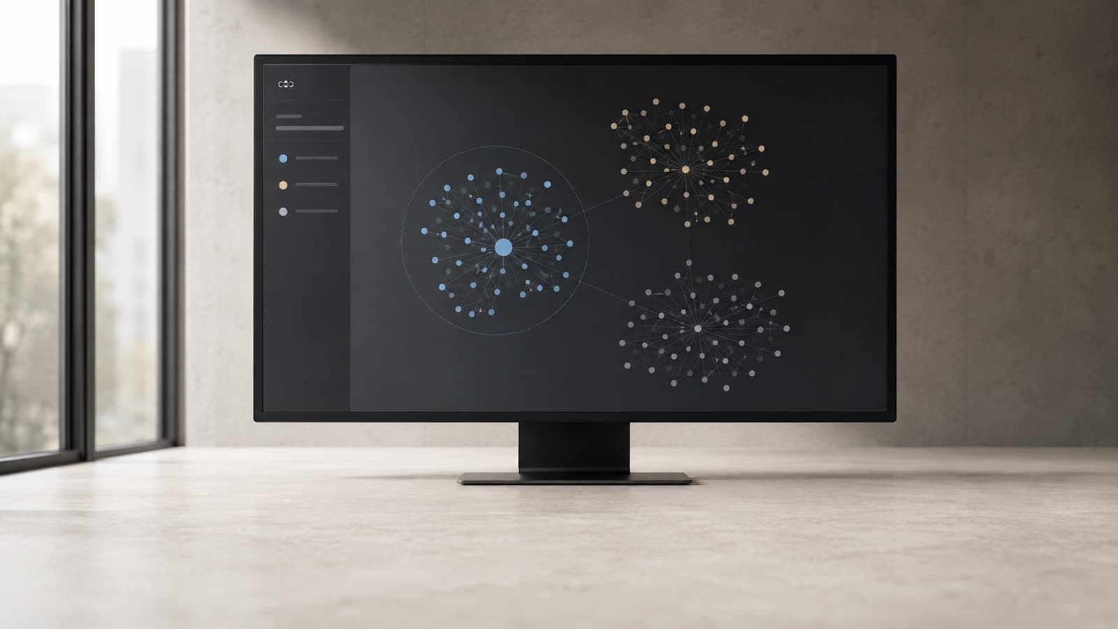 A dark monitor showing three clusters of dots joined by thin lines: a blue one on the left circled with a dotted outline, a sand-coloured and a grey one on the right, all three linked together