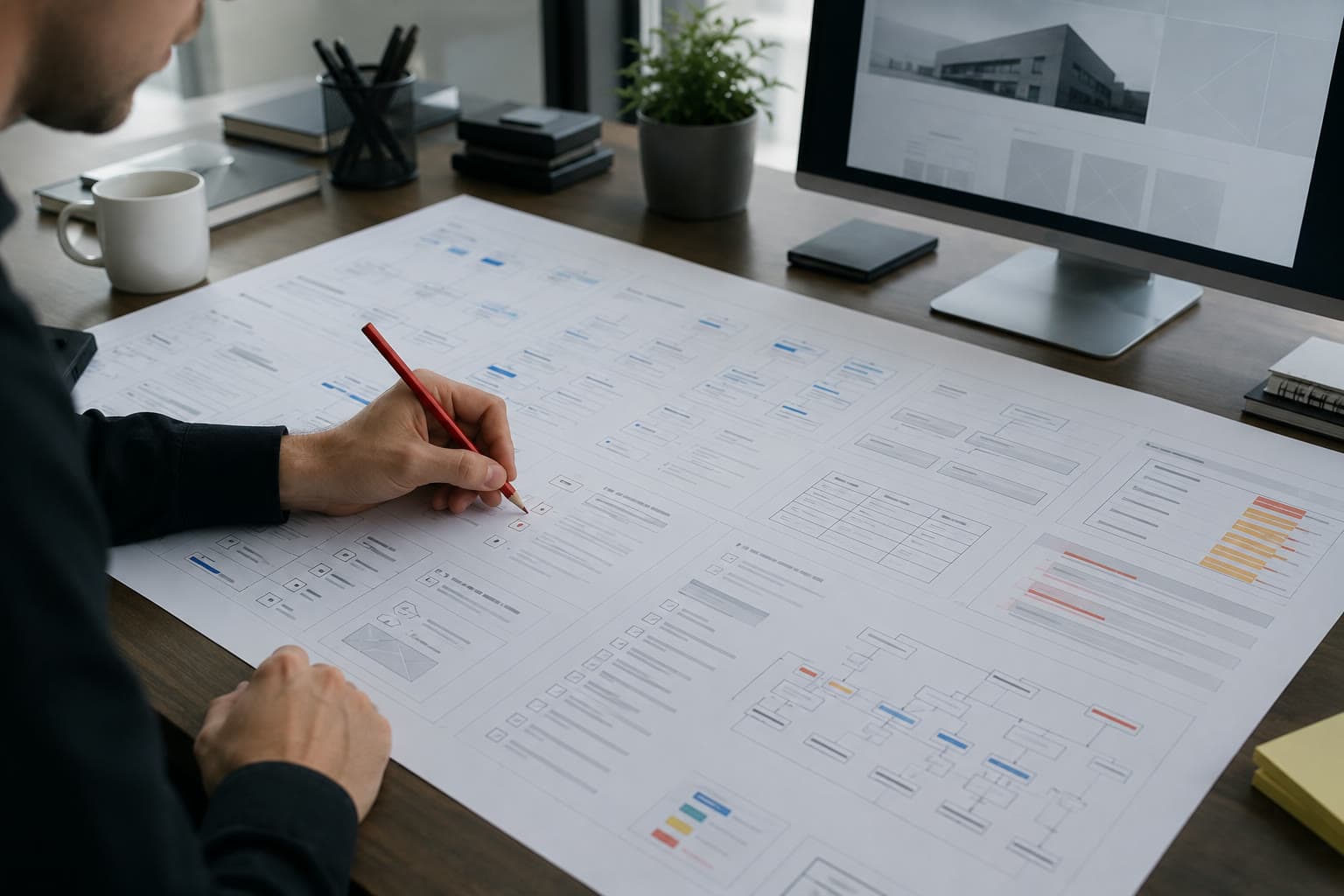 A person marking a large printed sheet of page wireframes, tables and a flow diagram with a red pencil, with a mug, a pot of pencils, a plant and a monitor behind it