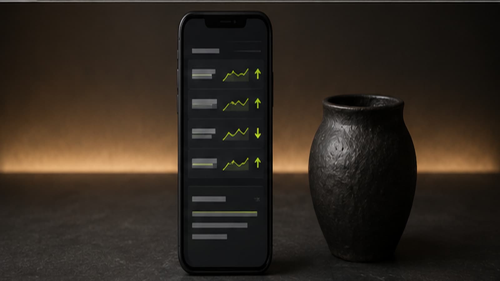 A phone on a dark surface showing a report of several rows, each with a label, a small green chart and an up or down arrow, with a dark ceramic vase standing to the right