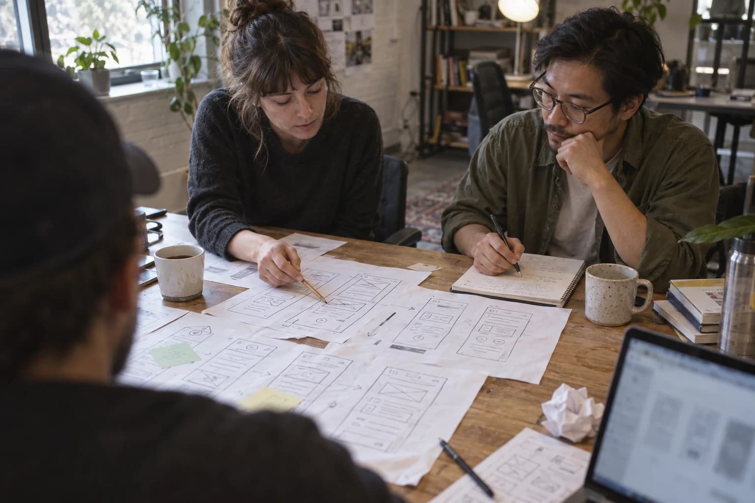 Ilustración asistida por IA de diseñadores revisando bocetos de una interfaz en papel