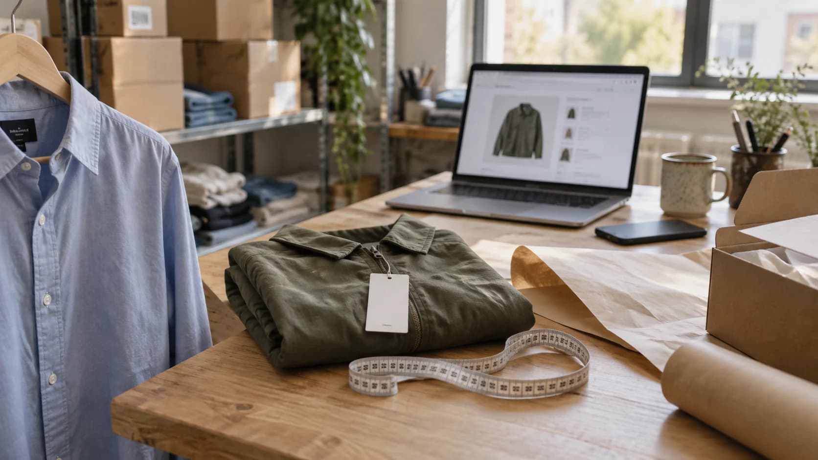 Imagen editorial asistida por IA: una chaqueta doblada, una camisa, cinta métrica y portátil en una mesa de almacén; no es una tienda auditada