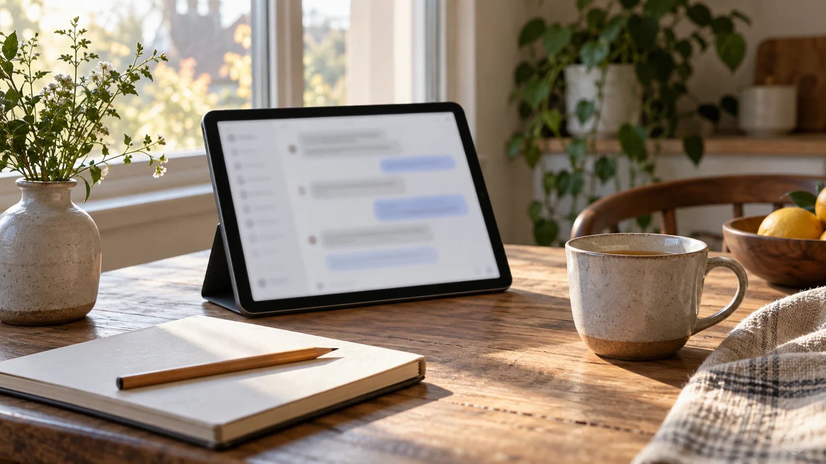 AI-assisted conceptual illustration of an unbranded tablet with an unreadable chat layout beside a notebook and tea; no real Claude interface or participant.