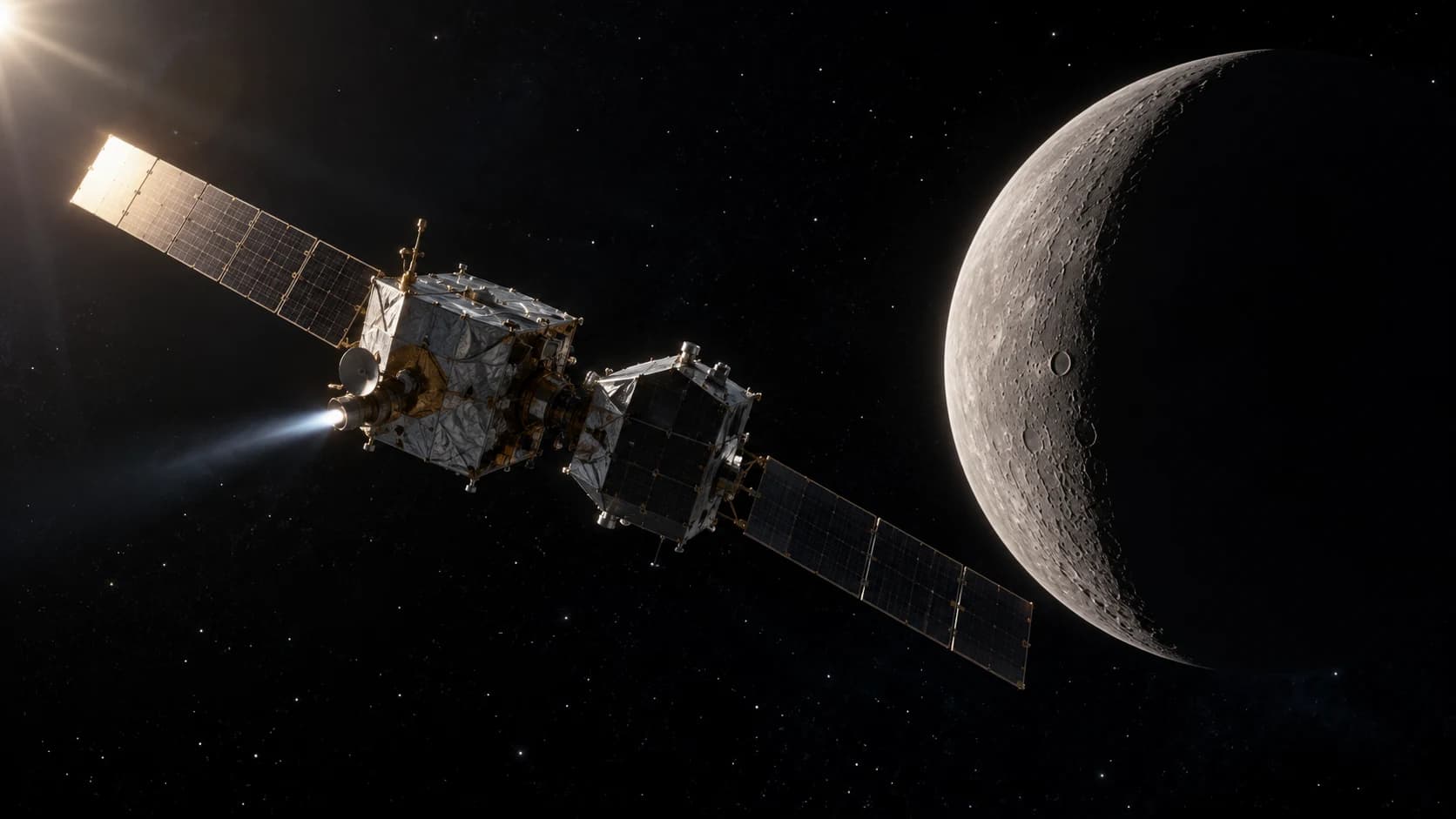 AI-assisted conceptual view of two joined generic science orbiters approaching a small crescent Mercury; not a mission photograph or real telemetry.