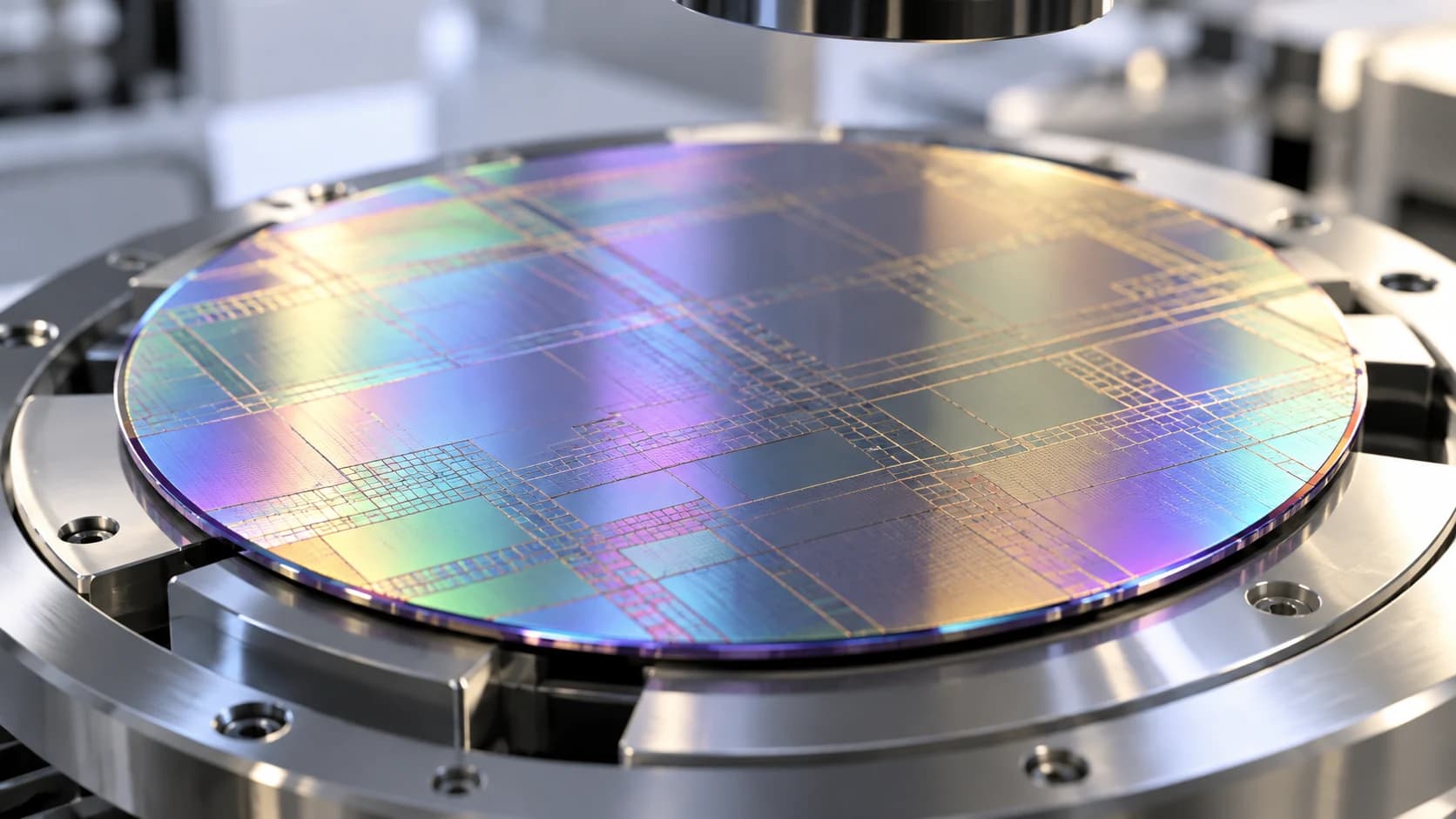 Conceptual AI-assisted macro image of a blank research wafer under soft inspection light; not the paper's sample or a commercial memory chip.