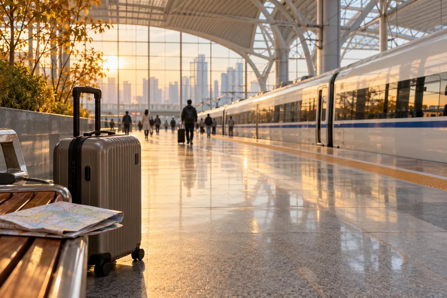 AI-assisted conceptual editorial illustration of a quiet railway concourse, neutral suitcase and unreadable route map in autumn light; it does not depict actual 2026 Golden Week travelers or a real station