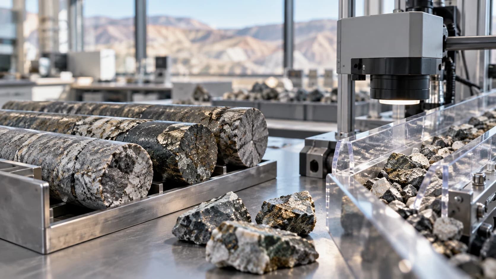 AI-assisted conceptual image of unlabelled ore cores and sensing equipment on a generic research bench; not a photograph of any DOE-funded project.