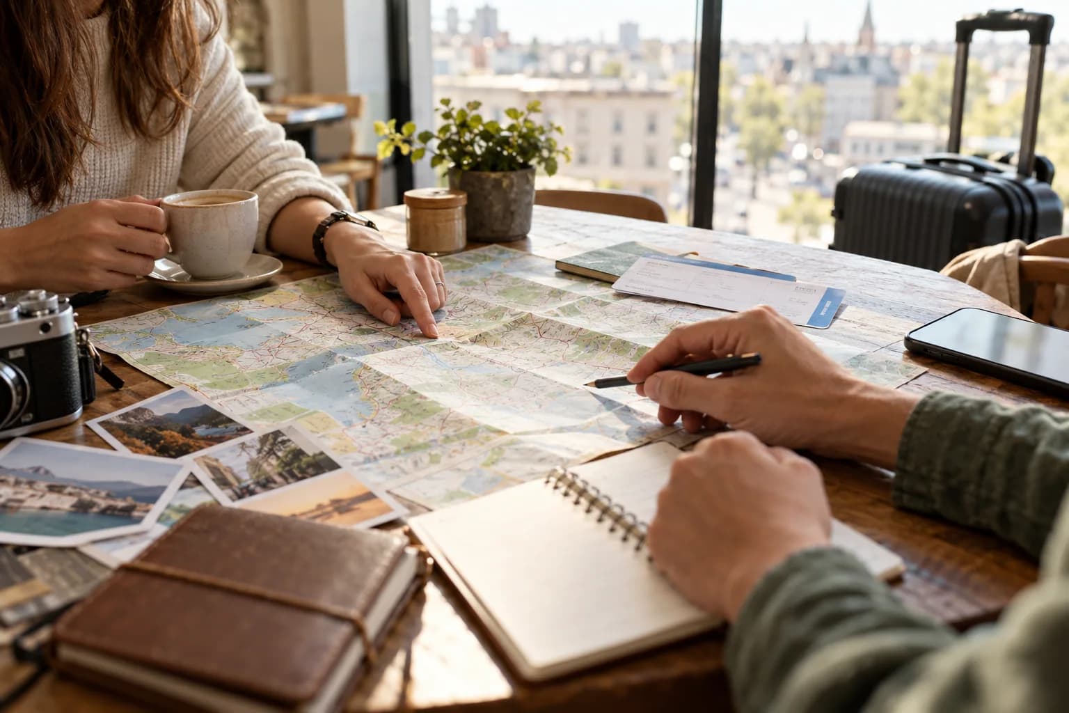 AI-assisted editorial illustration of travelers reviewing a paper map and notebook beside a suitcase
