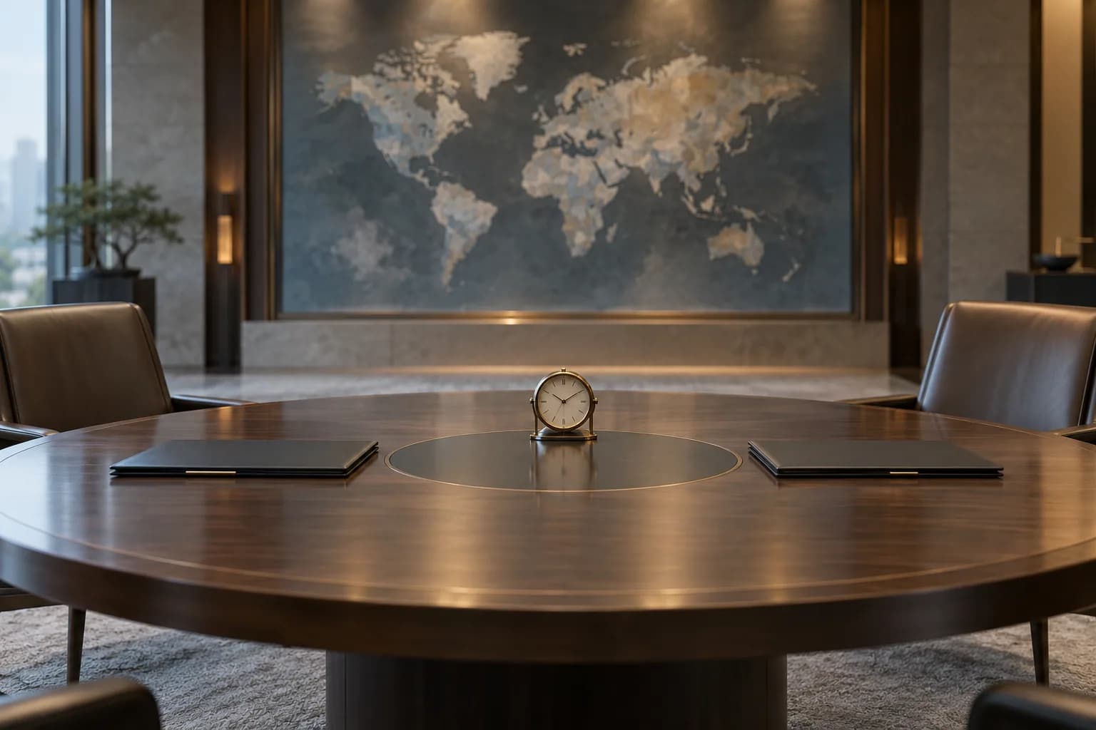 AI-assisted editorial illustration of empty diplomatic table, blank folders and a clock in a neutral meeting room with an out-of-focus world map; symbolic arms-control image, not a photograph of UN delegates or the actual September meeting.