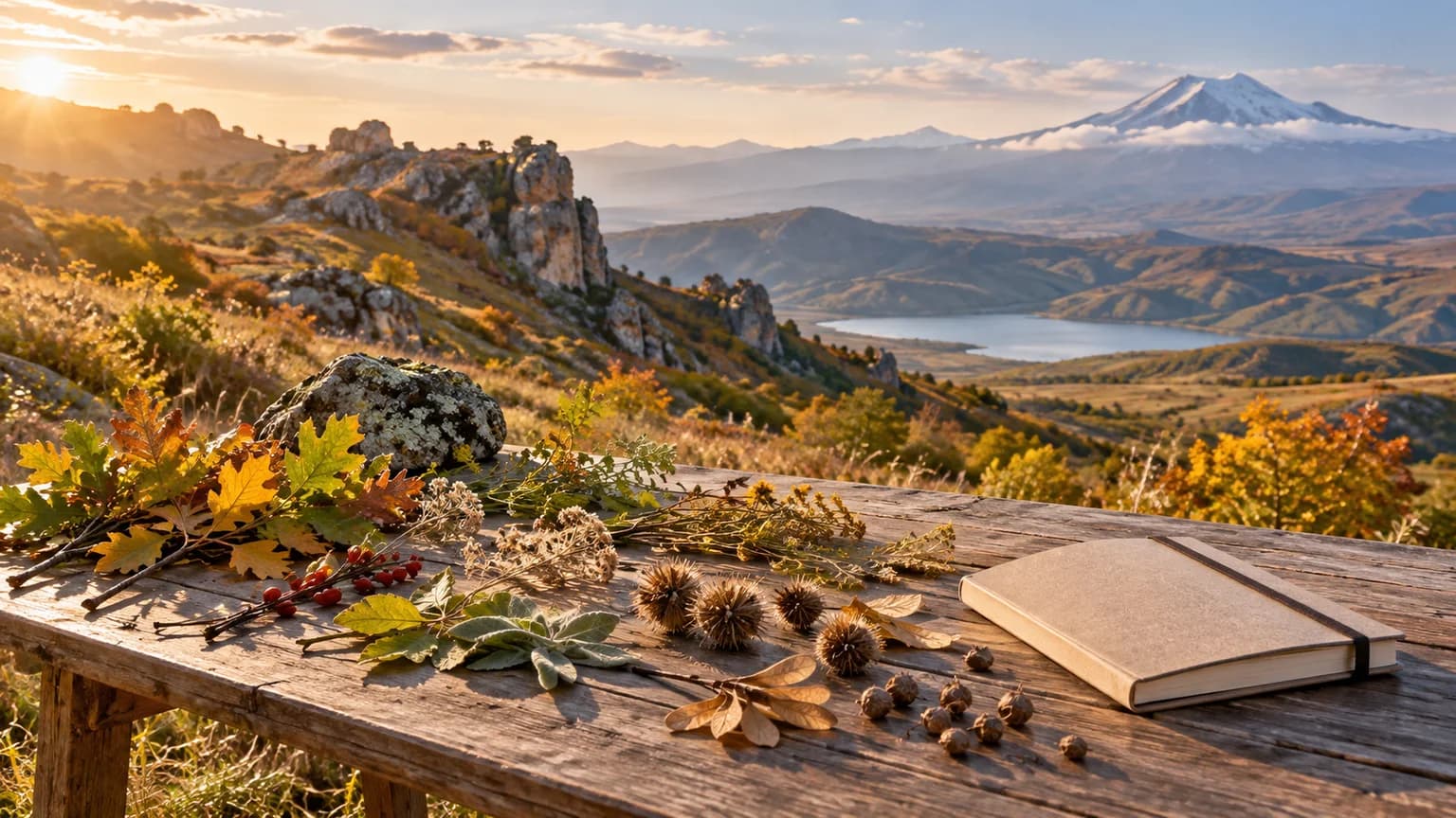 AI-assisted conceptual image of an Armenian highland meadow and a blank fieldwork table; no actual COP17 scene or people.