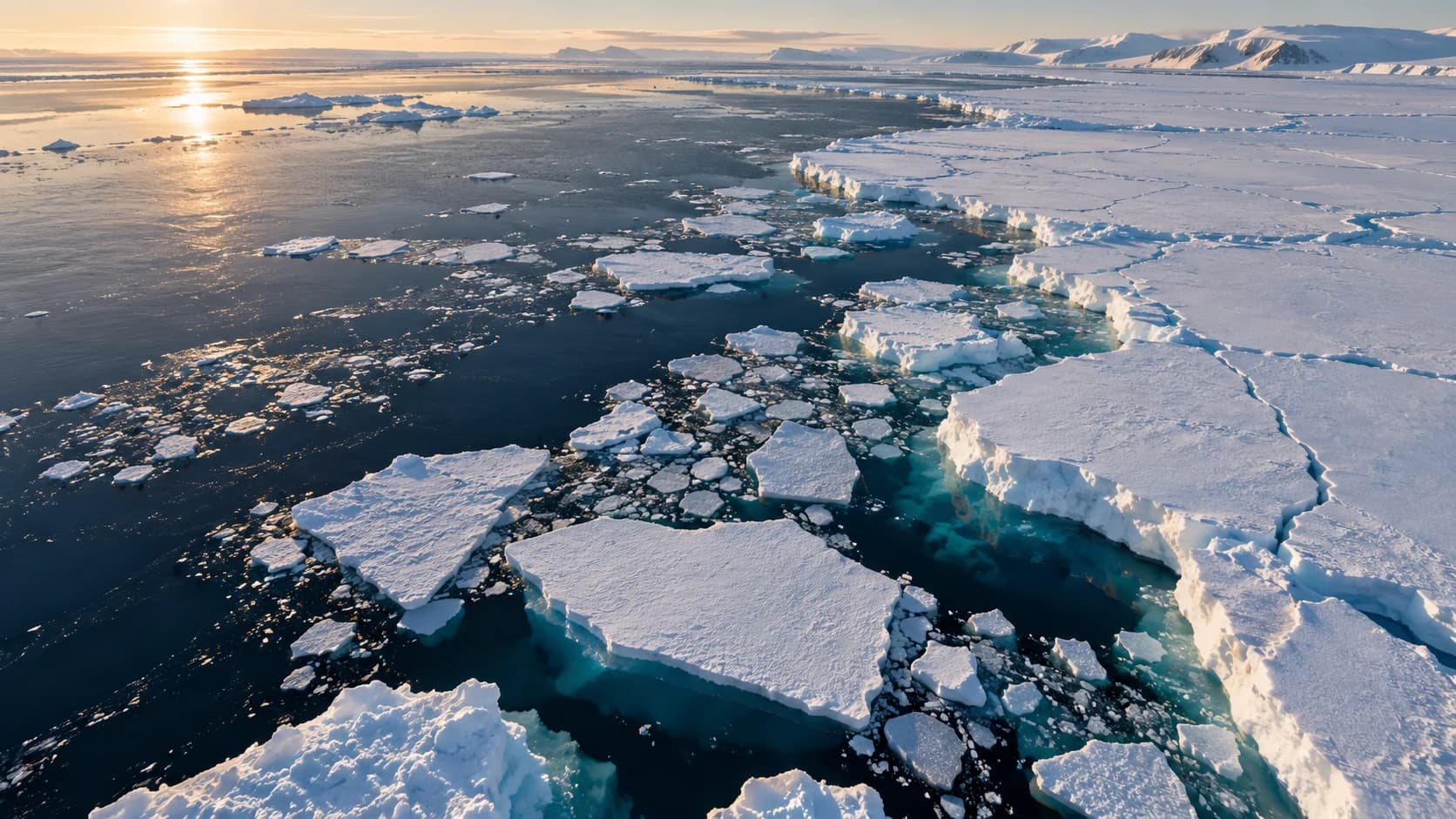 Conceptual AI illustration of an Antarctic sea-ice edge from above; it is not an observed 2026 scene or a scientific map.
