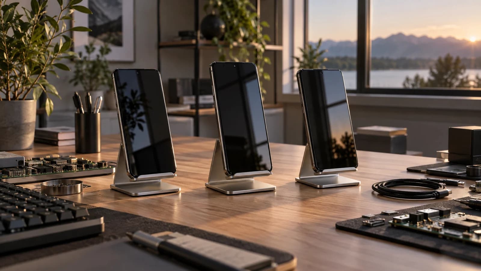 AI-assisted conceptual editorial illustration of unbranded phones on a wooden test bench; not Google’s actual laboratory.