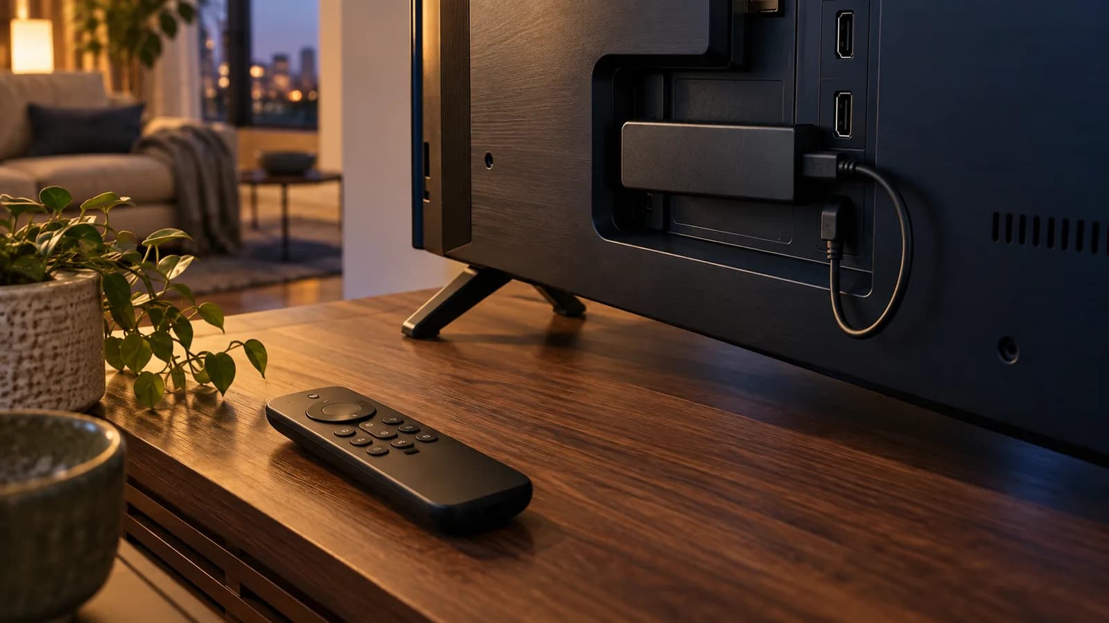 AI conceptual illustration of a generic streaming stick and USB cable behind a television, with a remote on a wooden cabinet; not an Amazon product photograph.
