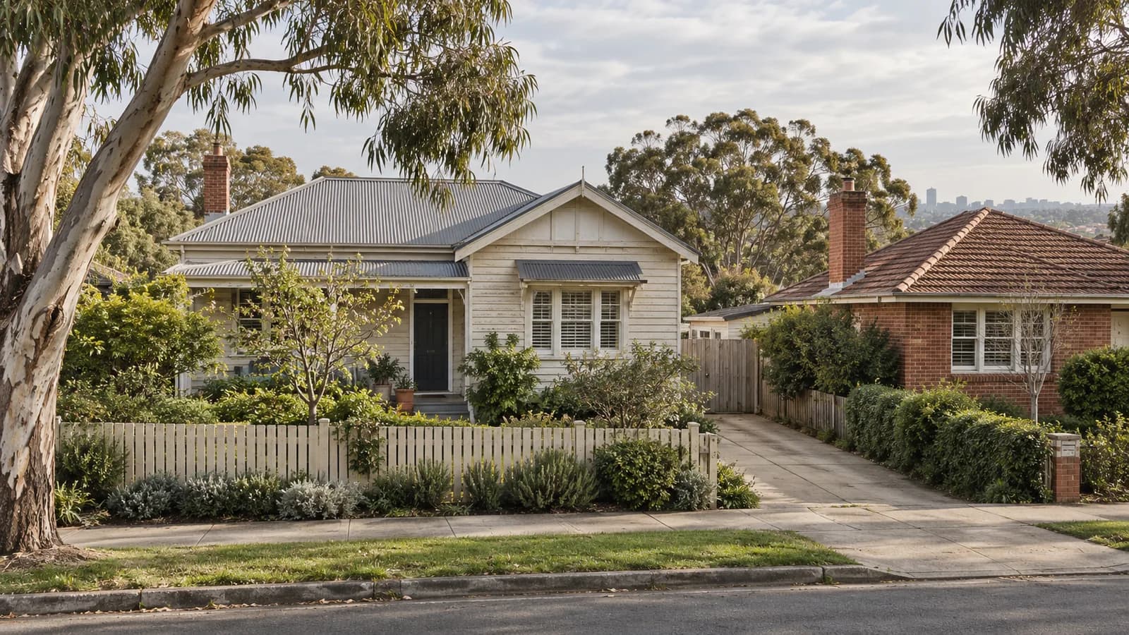 AI conceptual illustration of modest weatherboard and brick homes on a leafy Australian suburban street; not a photograph of a reported sale.