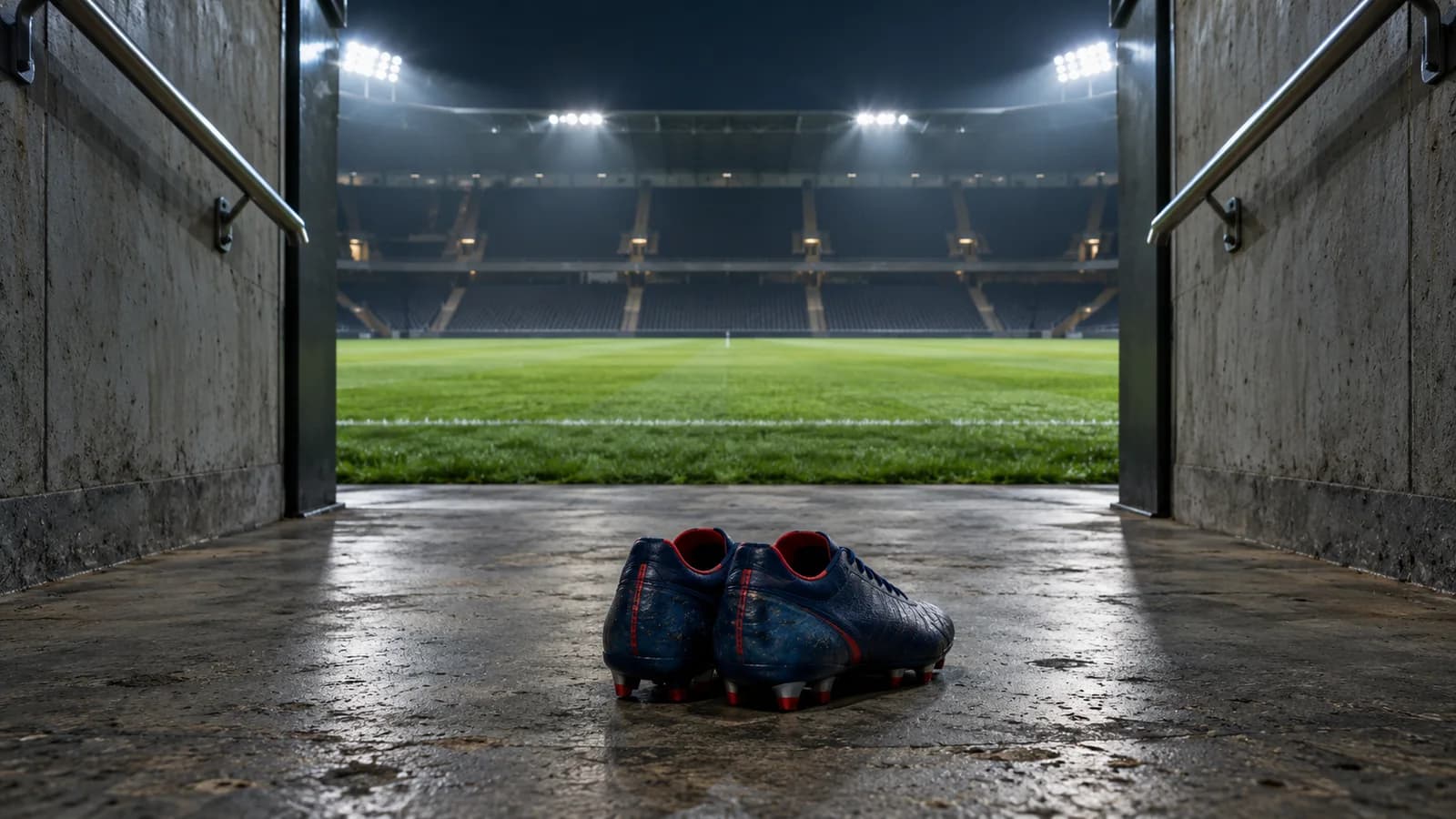 AI-generated conceptual illustration of unbranded blue football boots in an empty floodlit stadium tunnel; not a photograph of Olise or the Brussels match.