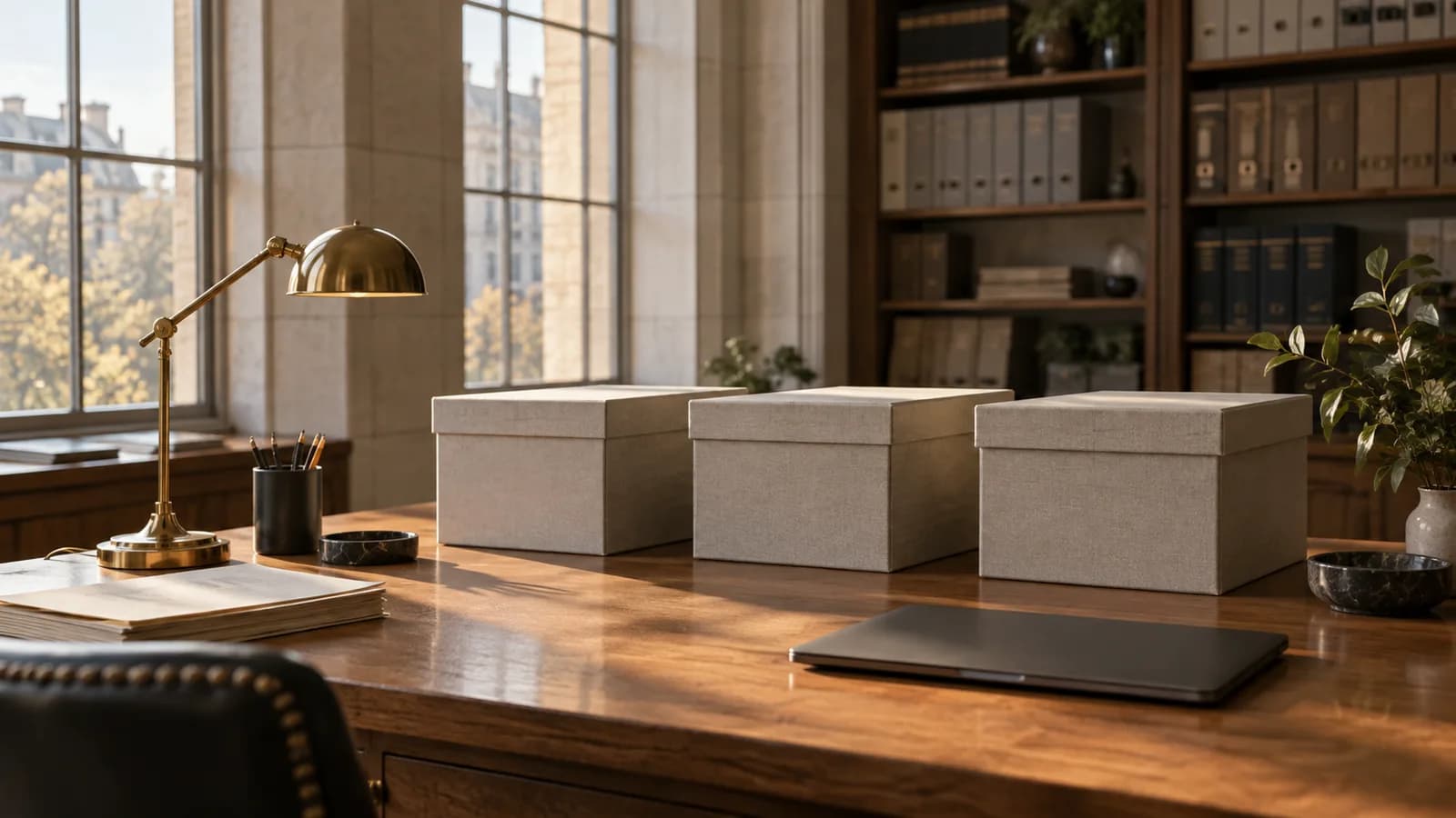 AI conceptual photograph of plain archival boxes and a closed laptop on an oak desk in an anonymous civic records room; not a real agency deployment.