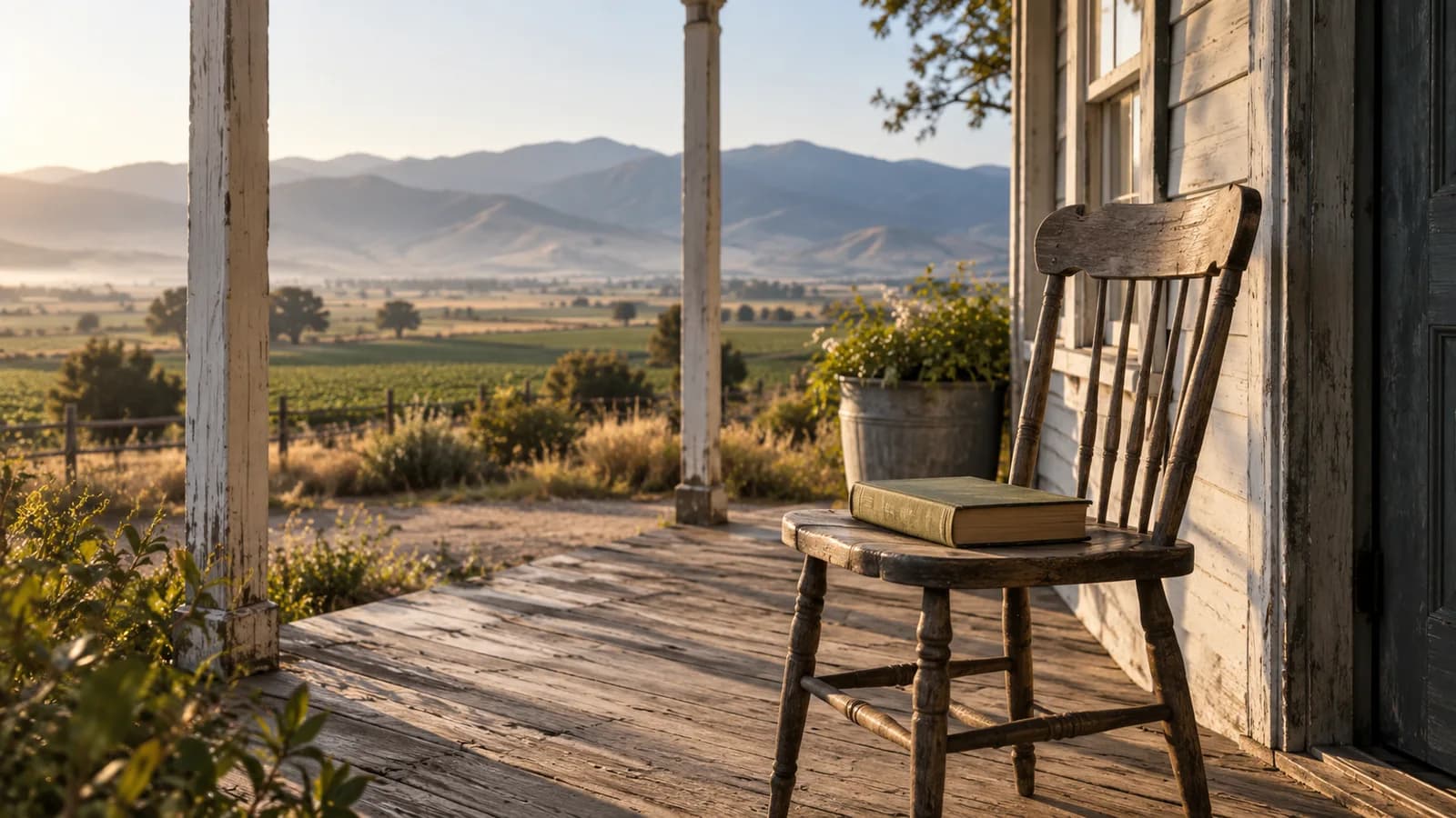 AI conceptual illustration of an unmarked book on a wooden chair beside a farmhouse and Californian valley; an invented setting, not a production still.
