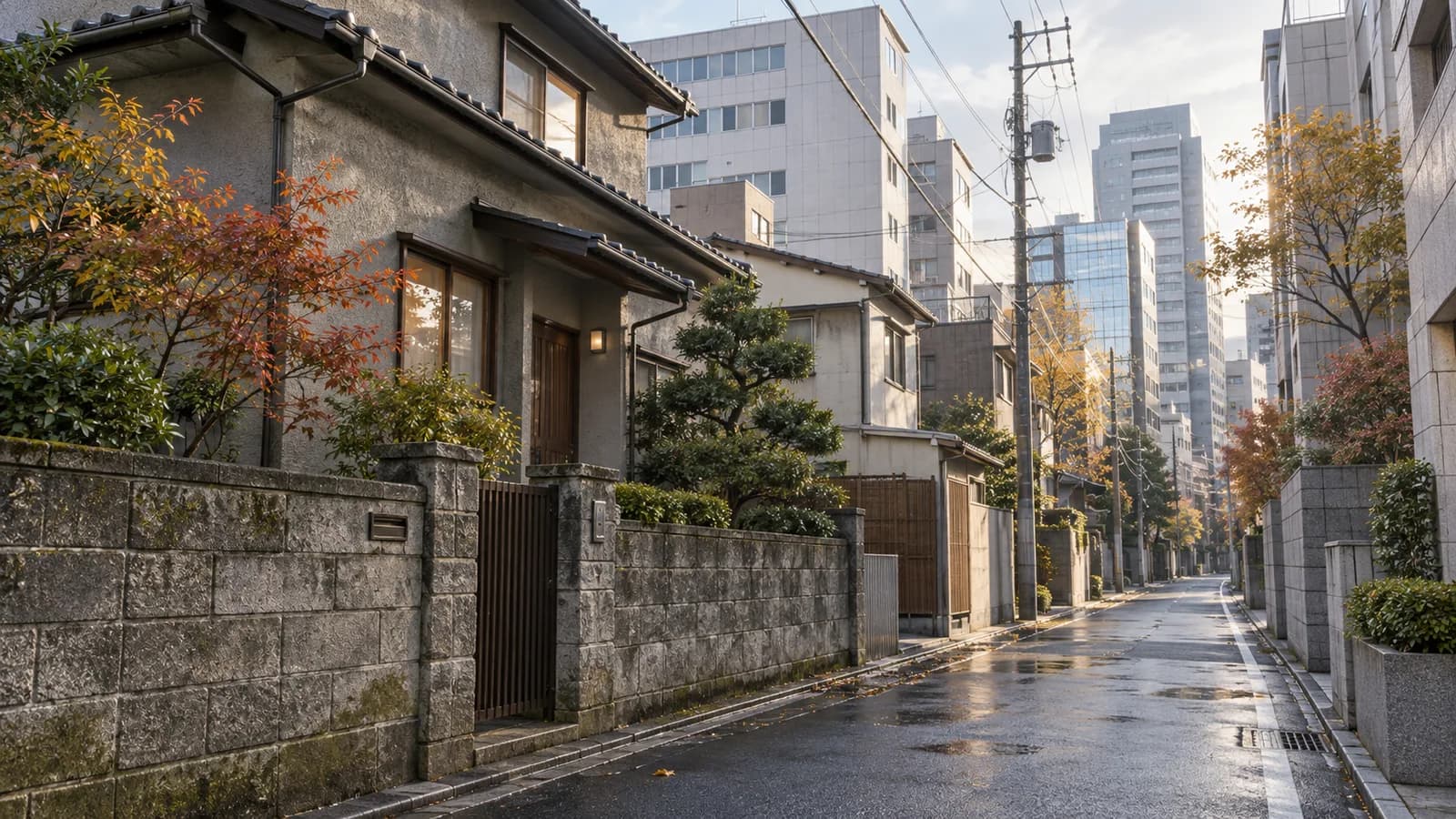 AI conceptual illustration of a quiet Japanese street with a small house, stone wall and commercial buildings beyond; no surveyed plot or transaction is depicted.